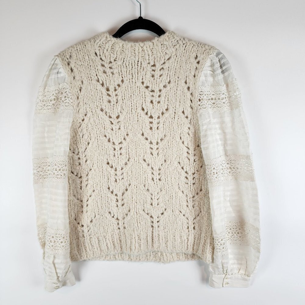 Sea New York Ellie Combo Sweater Cable Knit Puff Lace Sleeves Cream Alpaca Wool - Picture 5 of 14
